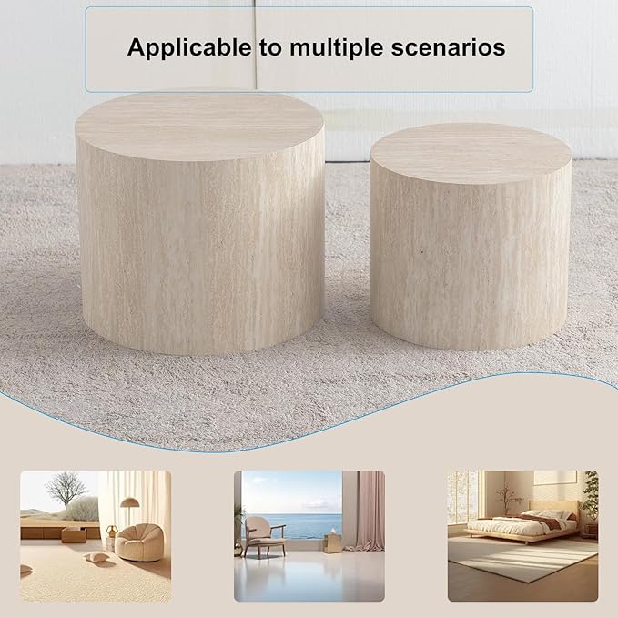 Nesting Coffee Table Set of 2 Wood Circle Drum Coffee Tables Set Round Fluted Coffee Tables for Living Room & Small Space (terrazzo)
