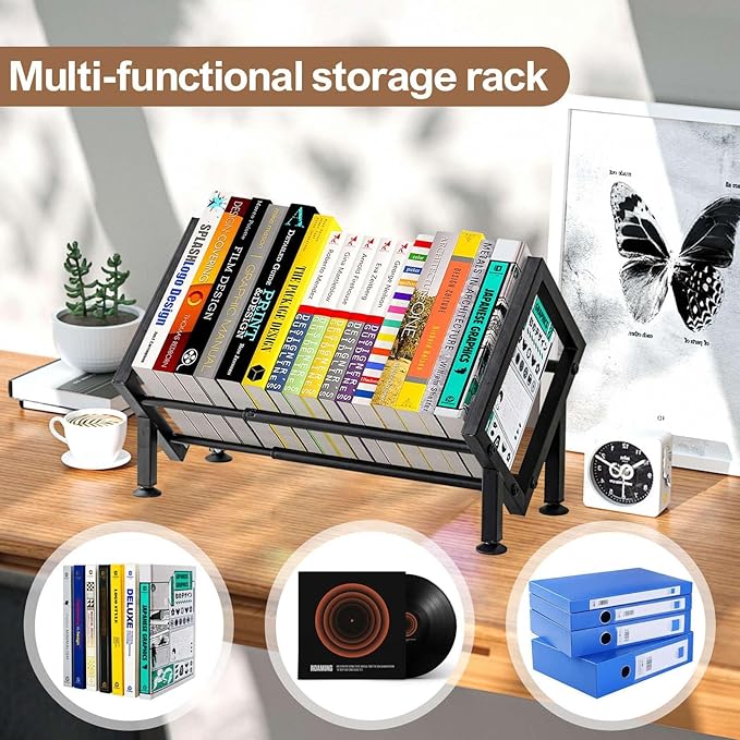 ENCIMART Adjustable Desktop Bookshelf for Desk Book Organizer, Tilting Tabletop Bookshelf in Office Home/Living Room, Vinyl Record Storage Holder Book Rack for Magazine/CDs/Books/Vinyls Display-NeatNest