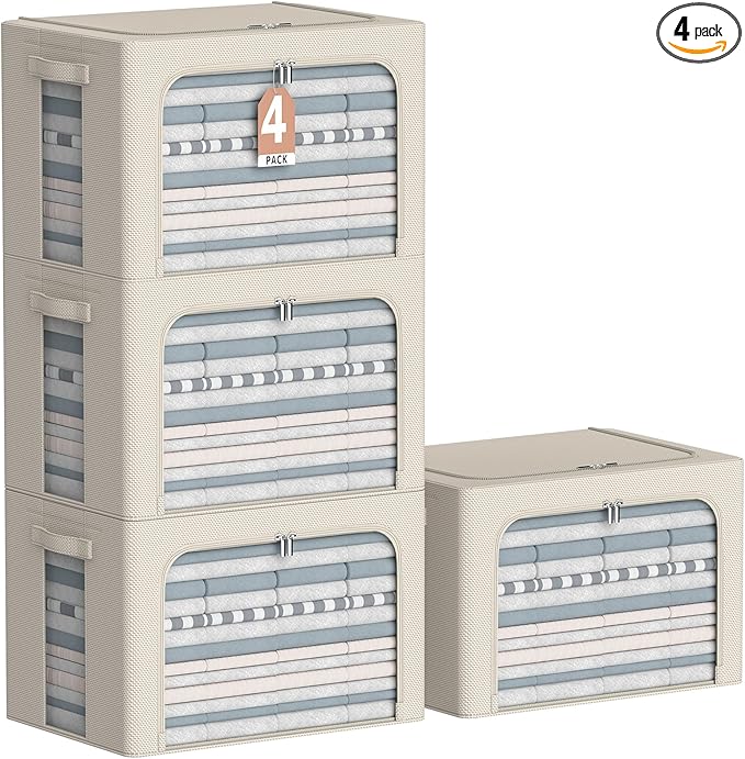 4 Pack Clothes Storage Bins - Oxford Fabric Metal Frame Storage Box - Foldable Stackable Container Organizer Set with Clear Window & Carry Handles & Zippers (Beige, 19.7"x15.7"*13")-NeatNest