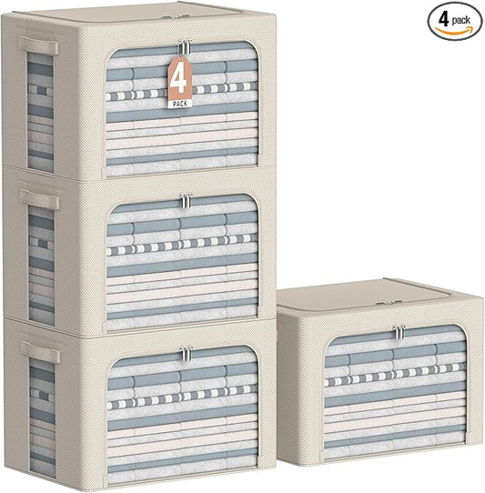 4 Pack Clothes Storage Bins - Oxford Fabric Metal Frame Storage Box - Foldable Stackable Container Organizer Set with Clear Window & Carry Handles & Zippers (Beige, 19.7"x15.7"*13")-NeatNest