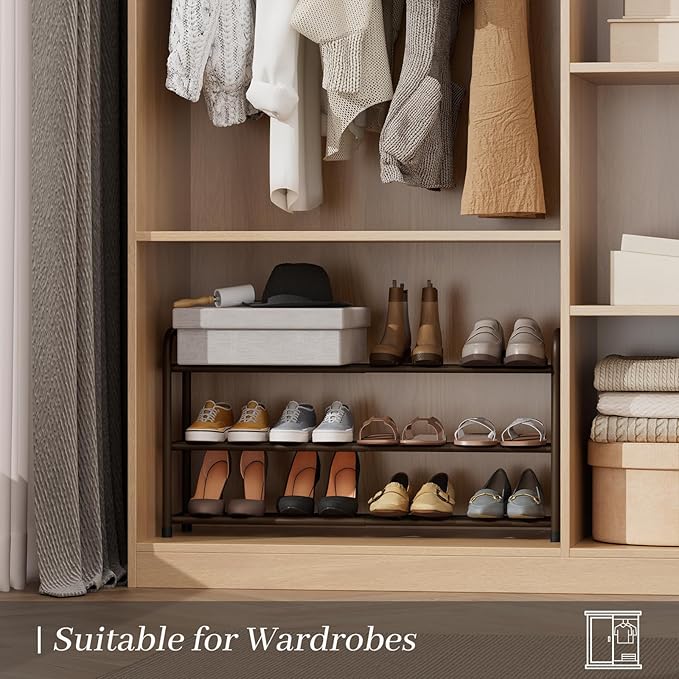 Expandable Shoe Rack, Adjustable Shoes Organizer Metal, Space-Saving Storage Shelf for Closet, Entryway, Front Door & Hallway,Sturdy and Easy Assembly (Brown, 3-Tier)