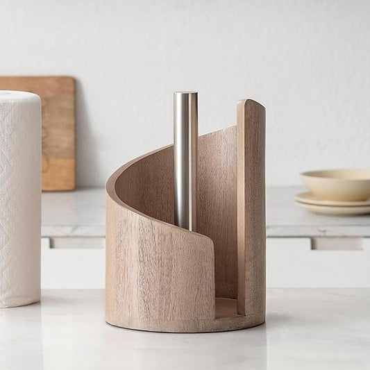 Anji Mountain Paper Towel Holder Countertop with Mango Wood Round Base and Iron Holder,Holder Stand for Kitchen Roll Organize,Wooden Paper Towel Holder for Kitchen Dining Table Home Decor