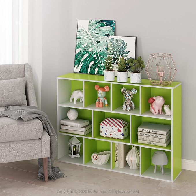 FURINNO 11107WH-GR 7 Reversible, 11-Cube, White Green-NeatNest