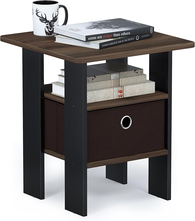 Furinno Andrey End Table / Side Table / Night Stand / Bedside Table with Bin Drawer, Columbia Walnut/Dark Brown,1-Pack, Center Bin