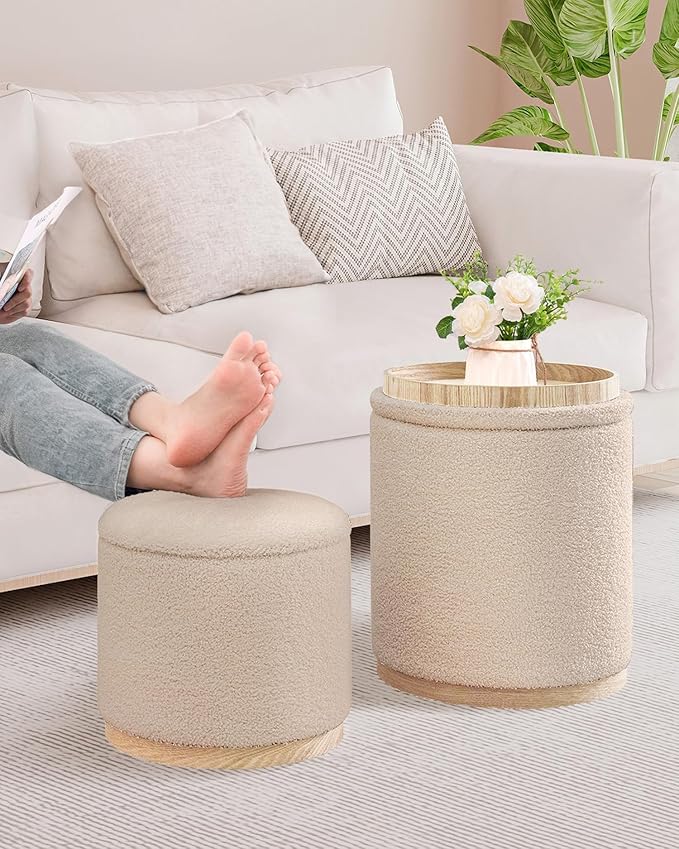 B FSOBEIIALEO Storage Ottoman Round Boucle Ottomans with Tray, Set of 2 Teddy Foot Rest Ottoman Cube with Storage for Living Room , Apricot 15"x15"x16.9"