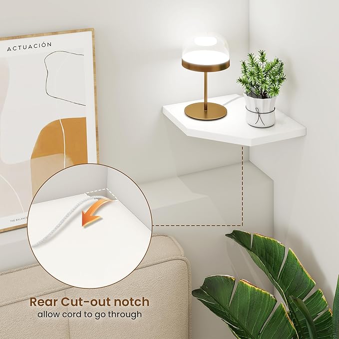 Fun Memories Corner Shelf Wall Mount, Solid Oak Wood Floating Corner Shelves with Cable Hole, 8.5in Rustic Design for Bedroom, Bathroom, Kitchen, Living Room (White, 1 Pack)-NeatNest