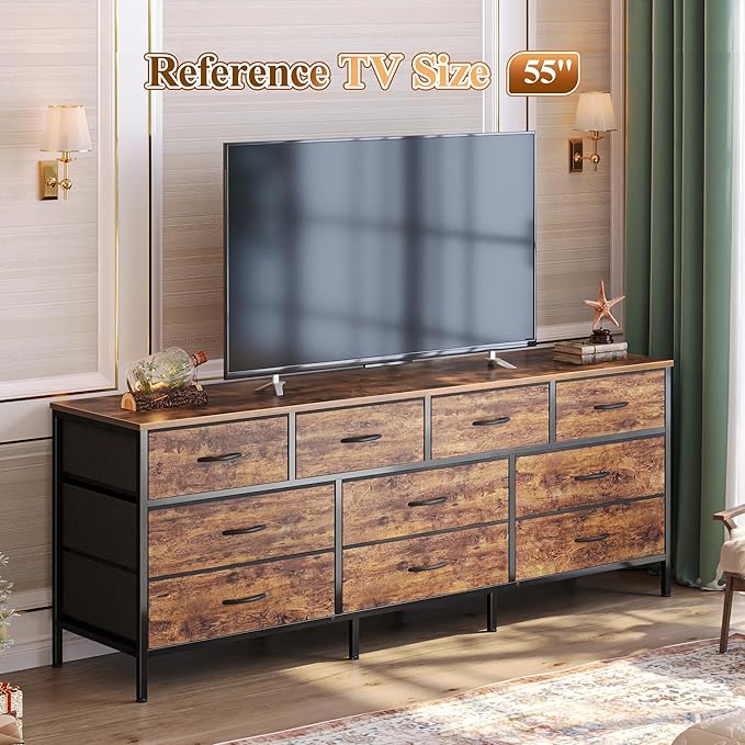Huuger 63 Inch Dresser for Bedroom, Long Dresser with 10 Fabric Drawers, TV Stand for 55, 65, 70 Inch TV, Toy Storage Organizer for Closet, Rustic Brown-NeatNest