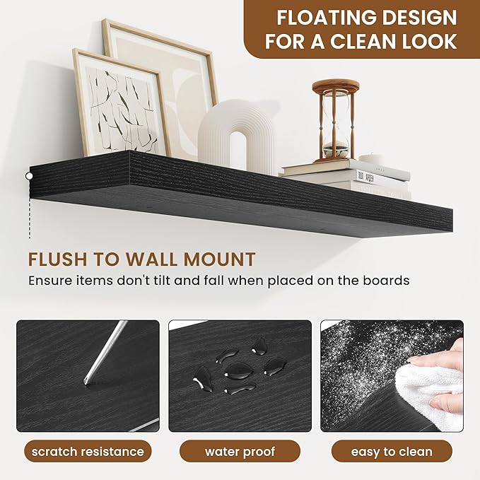 fuqing Floating Shelves for Wall, Bathroom Shelf Wall Mounted for Storage, Shelves with Invisible Bracket for Bedroom, Kitchen, Living Room, Farmhouse Small Book Shelf, 32 Inch Set of 2, Black-NeatNest