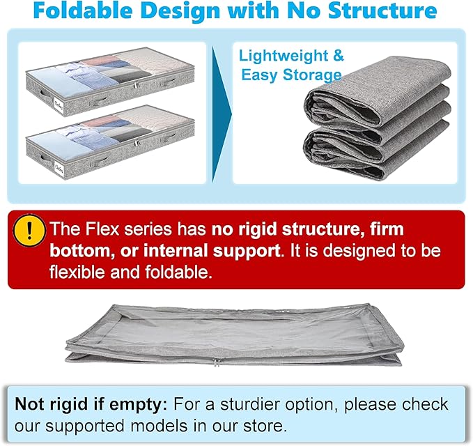 4 Inch Low Profile Under Bed Storage Drawer 2 Pack, Lightweight Underbed Clothes Storage Container Bins with NO STURCTURE, Shallow Storage Bag for Dorm & Home, With Clear Lids and Waterproof Fabric-NeatNest