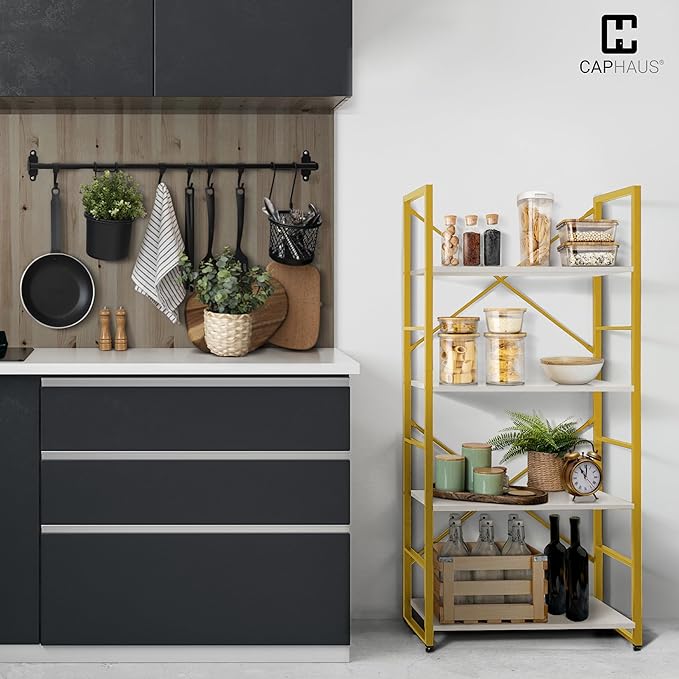 CAPHAUS 4 Tier Bookshelf, Bookcase Shelf Storage Organizer, Living Room, Kitchen, 24 Inch Width Free Standing Shelf, Industrial Book Shelves for Home Office, White Wooden Shelves & Gold Frame-NeatNest