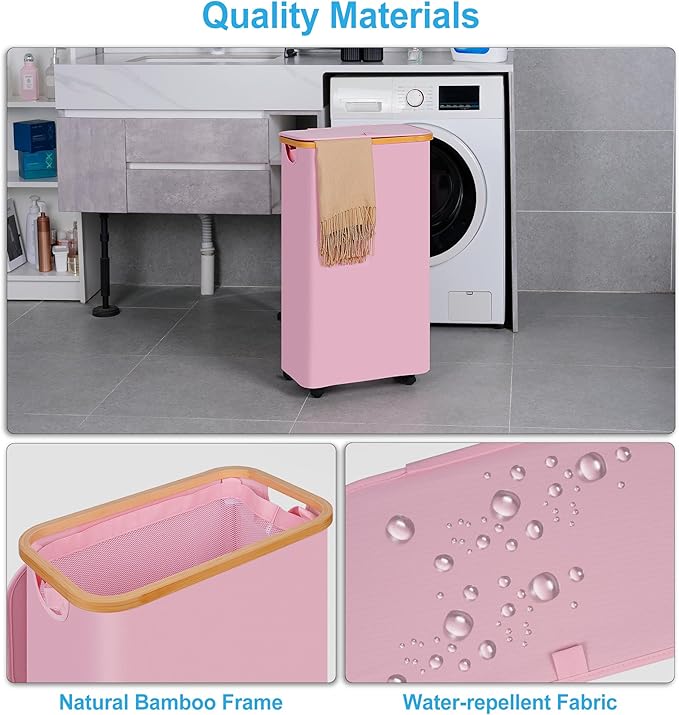 efluky Slim Laundry Basket with Wheels, Narrow Rolling Laundry Hamper with Lid and Removable Bag, Tall Aesthetic Dirty Clothes Hamper on Wheels for Laundry Room, Bedroom, Dorm and Bathroom, 75L Pink-NeatNest
