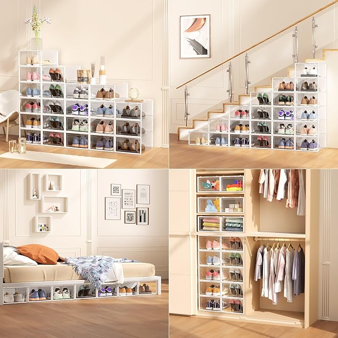 12 Pack XX Large Shoe Organizer Storage Boxes for Closet, Modular Space Saving Shoe Boxes Clear Plastic Stackable Sneaker Containers Display Case with Lids, Pearl White-NeatNest