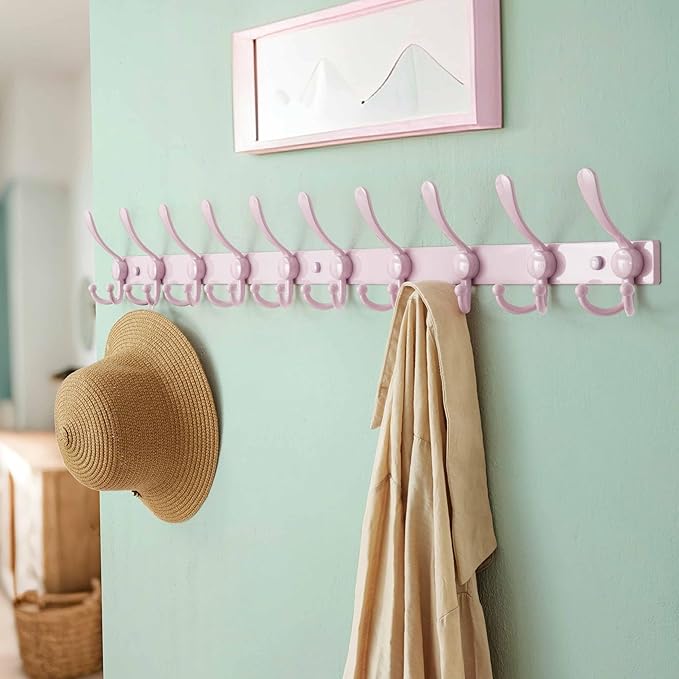 Dseap MaxStrong 2.0 Coat Rack Wall - 37” Long 10 Tri Hooks - Ultra Heavy-Duty Stainless Steel Wall Mount Coat Hanger, Hook Rail for Clothes Hats Jacket Towels Pink, Pack of 2