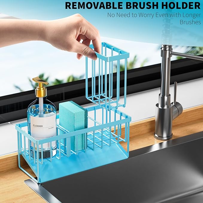 Cisily Blue Kitchen Sink Caddy Organzier with High Brush Holder, Sponge Holder for Sink, 304 Rustproof Stainless, Kitchen Countertop Soap Dispenser Organizer, Home Decor and Accessories-NeatNest