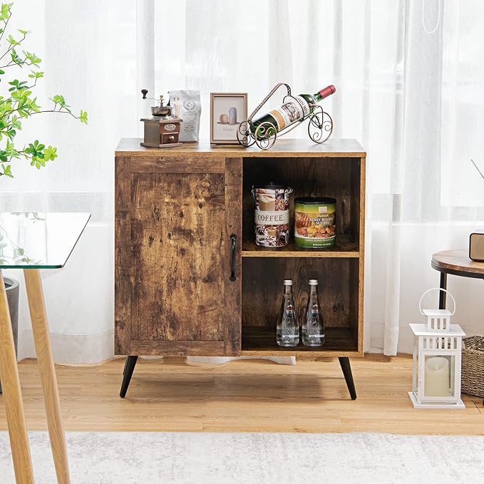 Giantex Mid-Century Storage Cabinet, Buffet Sideboard with Single Door & Adjustable Shelves, Free-Standing Cupboard, Wooden Accent Side Cabinet for Living Room, Rustic Brown