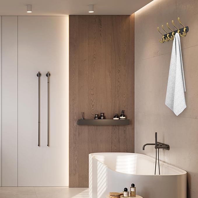 Coat Rack Wall Mount with 5 Tri Hooks, Stainless Steel 16 Inch – Black & Gold Matte Finish, Heavy Duty Wall Mounted Hook Rack for Coats, Hats, Towels, Scarfs, Robes, Bags, Entryway & Bathroom, 4 Pack-NeatNest