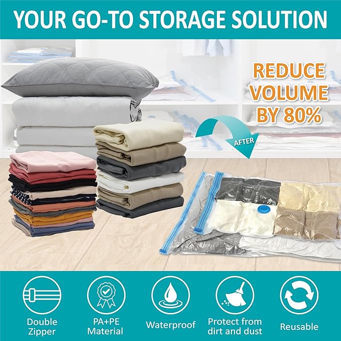 35 Pack Space Saver Bags (5 Jumbo/6 Large/6 Medium/6 Small/6 Roll-M/6 Roll-S) Compression Storage Bags for Comforters and Blankets, Vacuum Sealer Bags for Clothes Storage, Hand Pump Included-NeatNest