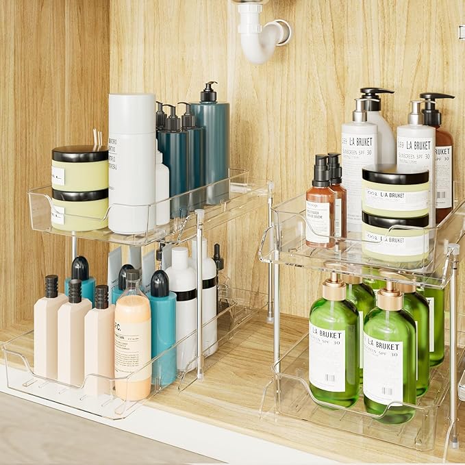 JLKDQ 4 Pack Bathroom Under Sink Organizers and Storage, 2-Tier Pull Out Medicine Cabinet Organizing- Kitchen, Pantry, Medicine Storage Bins, Vanity Makeup.(Clear,10.63" L x 8.0" W x 8.46" H).-NeatNest