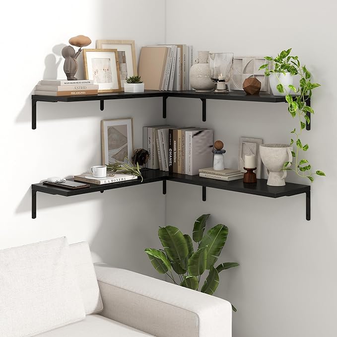 Fun Memories Deep Floating Shelves, 32W x 8D Floating Shelves Set of 2, Wall Mounted Shelf with Metal Brackets, Rustic Wood Wall Shelf for Bathroom, Kitchen and Living Room, Black-NeatNest