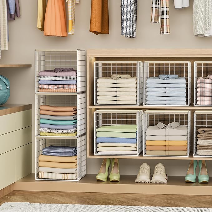 3PCS Stackable Closet Organizers and Storage, Closet Shelves with Wood Top Extra Storage, Clothes Storage Organizer Basket Bin/Cube for Home Wardrobe Organization(White-Sturdy Metal) Patent Pending-NeatNest