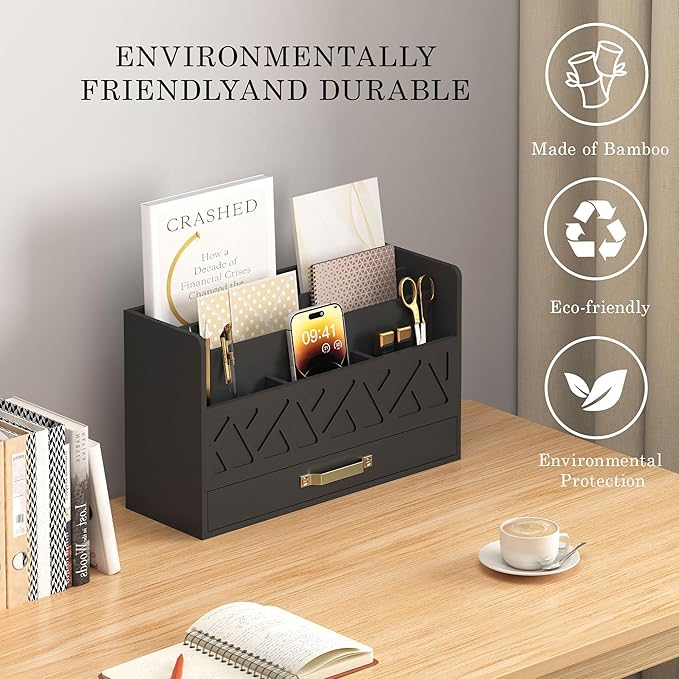 Bamboo Mail Organizer Countertop Wood Desk Organizer Drawer Tabletop Storage Box Letter Sorter Makeup Organizer for School Home Office Supplies Black-NeatNest