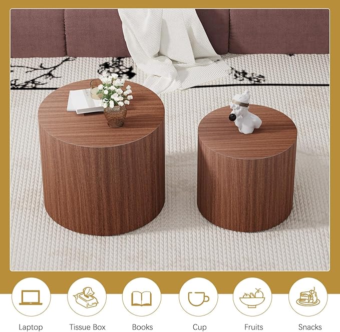 Round Coffee Table Set of 2 Modern Nesting Coffee Tables Wooden Drum Coffee Tables with Non-Slip Feet, Circle Nesting Tables End Table for Living Room Office, No Assembly (Dark Wood 18.11"+14.57")