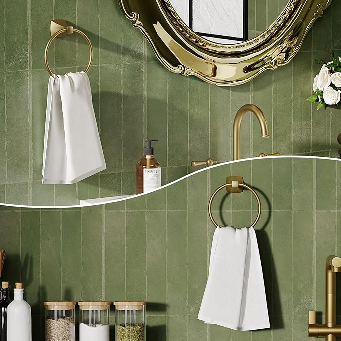 Hand Towel Holder for Bathroom Brushed Gold Towel Ring Stainless Steel and Zinc Alloy Towel Hanger Wall Mount for Bath, Kitchen, 2 Pack