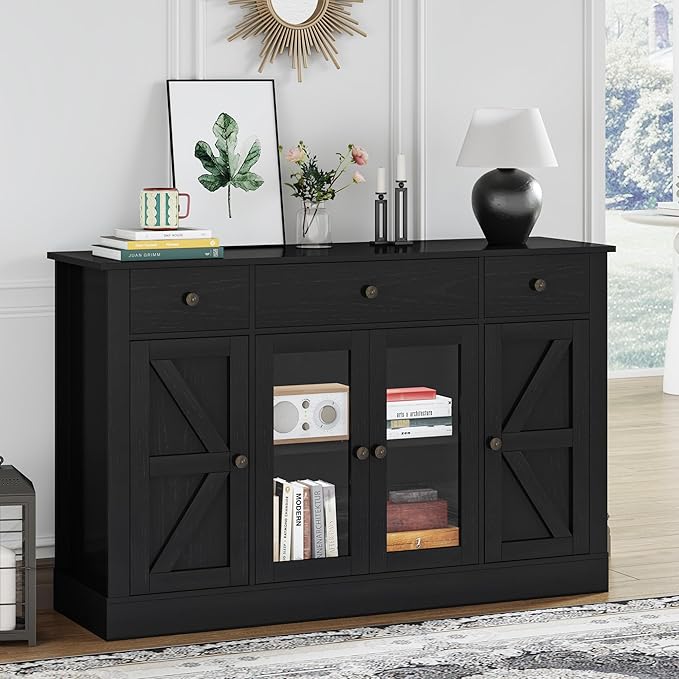 4 EVER WINNER Sideboard Buffet Cabinet with Storage, 55" Coffee Bar Cainets with 3 Drawers and Glass Doors, Farmhouse Buffet Cabinet for Kitchen, Living Room-NeatNest