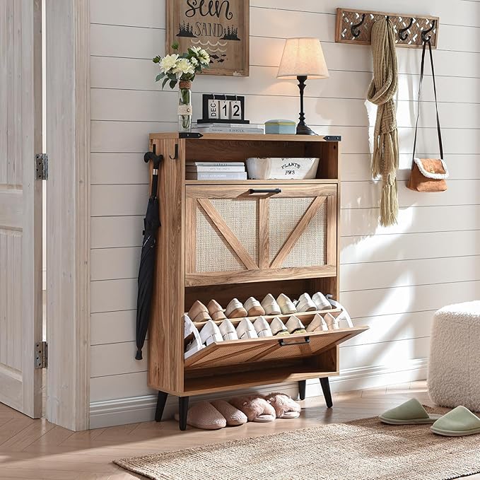 Shoe Storage Cabinet, Boho Rattan Shoe Organizer with 2 Flip Drawers,Farmhouse Freestanding Hidden Slim Narrow Shoe Rack Cabinet with Open Shelves for Entryway, Foyer,Hallway, Natural-NeatNest