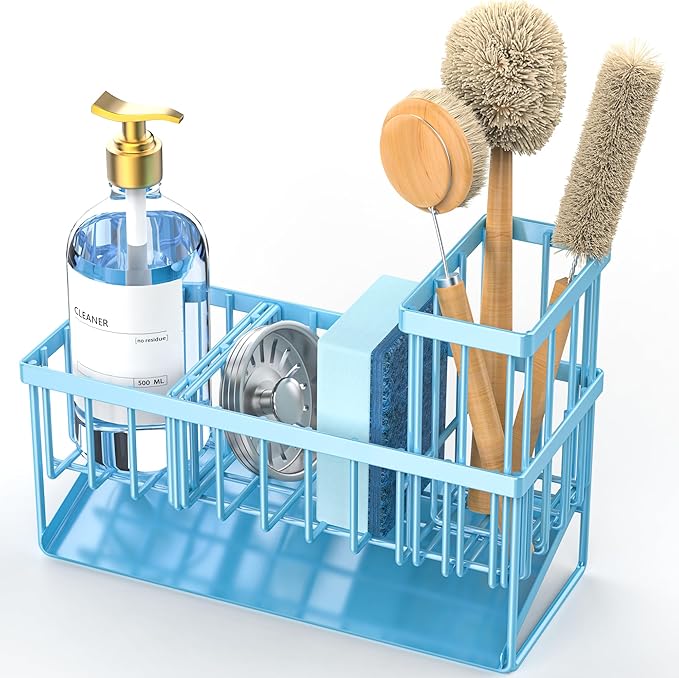 Cisily Blue Kitchen Sink Caddy Organzier with High Brush Holder, Sponge Holder for Sink, 304 Rustproof Stainless, Kitchen Countertop Soap Dispenser Organizer, Home Decor and Accessories-NeatNest