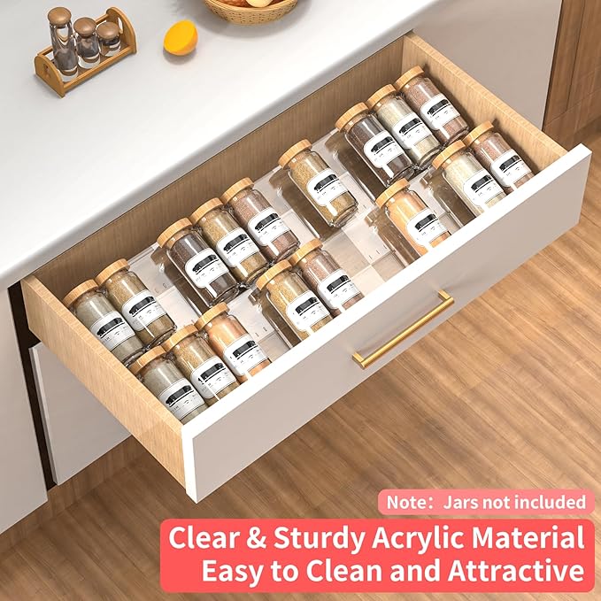 2-Tier Non-Slip Spice Drawer Organizer, 2-Pack Checkered Frosted Clear Acrylic, Expandable (11''-22'') Spice Rack for Kitchen Drawer Storage – Holds Seasonings, Herbs, and Spices (Jars Not Included)-NeatNest
