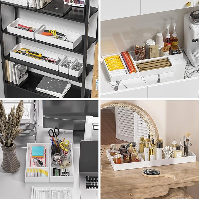 Kitchen Drawer Organizer - 2 Pack, Stackable Bamboo Drawer Organizers, Wooden Storage Box Tray for Cabinet, Pantry, Bathroom Countertop, Multi-use Organization and Storage (White)-NeatNest
