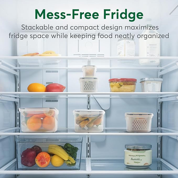 5 Set Fruit Storage Containers for Fridge with Colanders Dishwasher Safe, Leakproof Fruit and Vegetable Storage BPA-Free Plastic, Produce Storage Keep Berry Fruit Veggie Meat Fresh