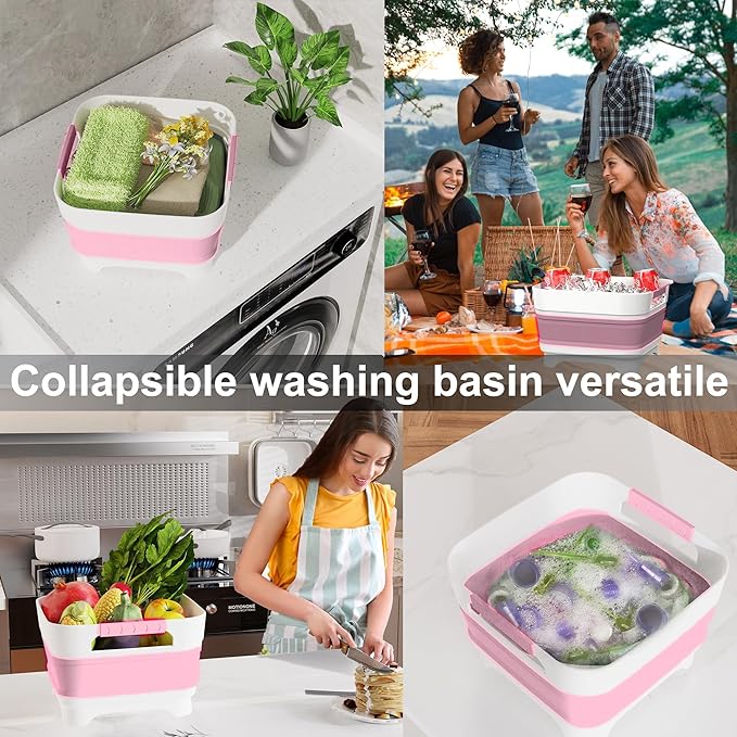 2.4 Gal Collapsbile Wash Basin with Drian Plug,9L Dish Pan for Soaking Baby Bottles,Portable Sink, Multiuse Foldable Bucket,Ice Beverage Tubs for Camping, Vegetable Washing, RV (Pink)-NeatNest