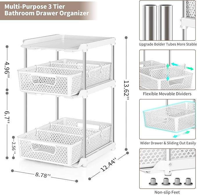 2Pcs 3 Tier Bathroom Organizers, WIDER BOLDER Pull Out Under Sink Organizer with Dividers, Kitchen and Bathroom Storage Cabinet - White-NeatNest