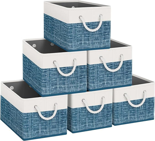 Fab totes Storage Bins [6-Pack], Foldable Storage Baskets for Organizing Toys, Books, Shelves, Closet, Large Storage Box with Rope Handles, Sturdy Organizer Bins, White & Blue-NeatNest
