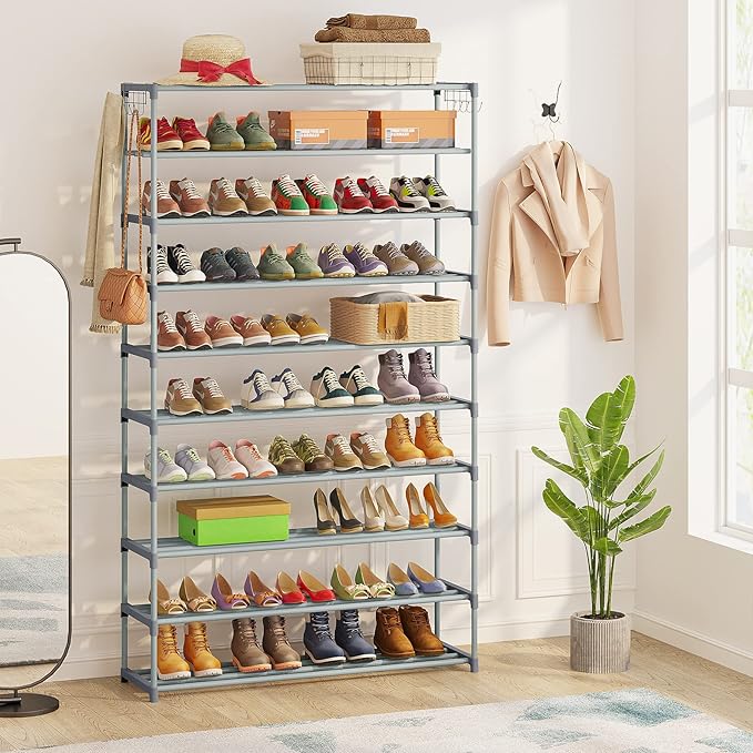Tribesigns Upgraded 10-Tier Shoe Rack, Tall Shoe Organizer & Space Saver - Holds 50 Pairs (Grey Metal Tube)-NeatNest