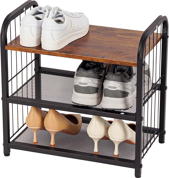 Shoe Rack, 3-Tier Shoe Organizer with Guardrails, Heavy-Duty Metal Mesh Shelves & Rustic Wooden Top for Stylish Closet & Front Door Storage-NeatNest
