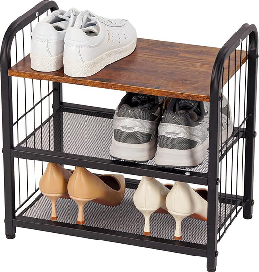 Shoe Rack, 3-Tier Shoe Organizer with Guardrails, Heavy-Duty Metal Mesh Shelves & Rustic Wooden Top for Stylish Closet & Front Door Storage-NeatNest