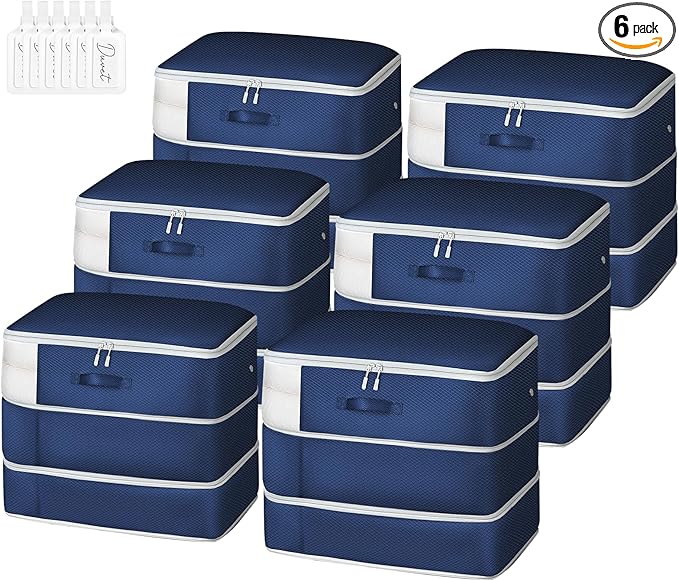 Comforter Storage Bag - Large Capacity Blanket Storage Bags 3-Layer Ultra Space Saving Self Compression Organizer, Washable Compression Bags for Storage Comforter Blanket, 6-Pack, Navy Blue-NeatNest