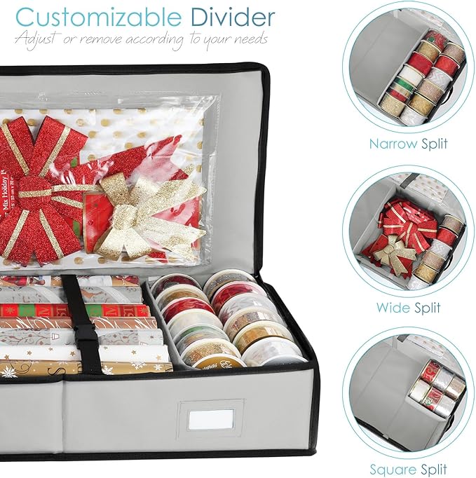 Hearth & Harbor Wrapping Paper Storage Container and Clear Wrap Paper Holder - Christmas Storage Bag with Interior Pockets - Fits Up to 36 Rolls of 40" - Tear Proof, Silver-NeatNest