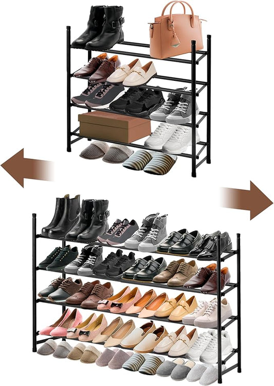 ikloo 4-Tier Shoe Rack for Closet and Entryway | Expandable and Stackable Shoes Organizer for Small Spaces | Adjustable Metal Shoe Shelf for Shoe Storage | Fit Up to 30 Pairs of Shoes | Black-NeatNest