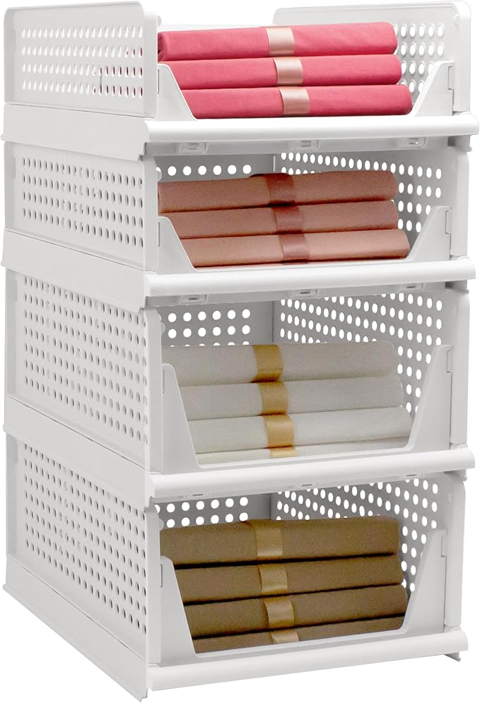 Stackable Foldable Storage Baskets, Folding Storage Bins, Closet Organizers and Plastic Drawer Shelf Storage Container for Wardrobe, Cupboard, Kitchen, Bathroom, Office (White, 2L2S)