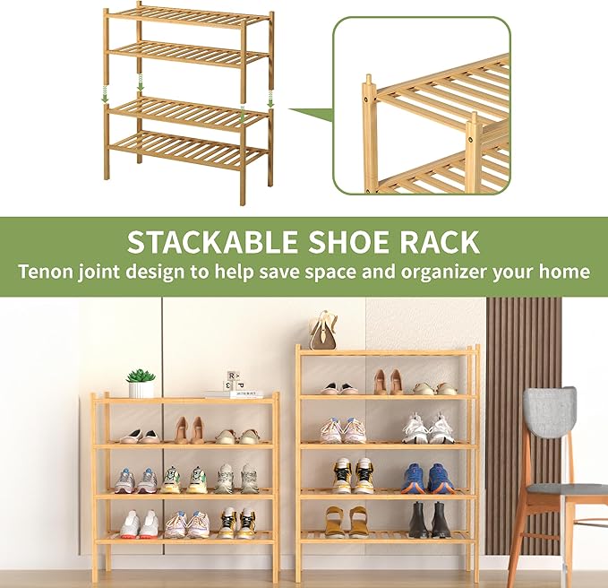 5 Tier Bamboo Shoe Rack for Closet Free Standing Wood Shoe Shelf for Entryway Small Space Stackable 27"x11"x33" (Natural)-NeatNest