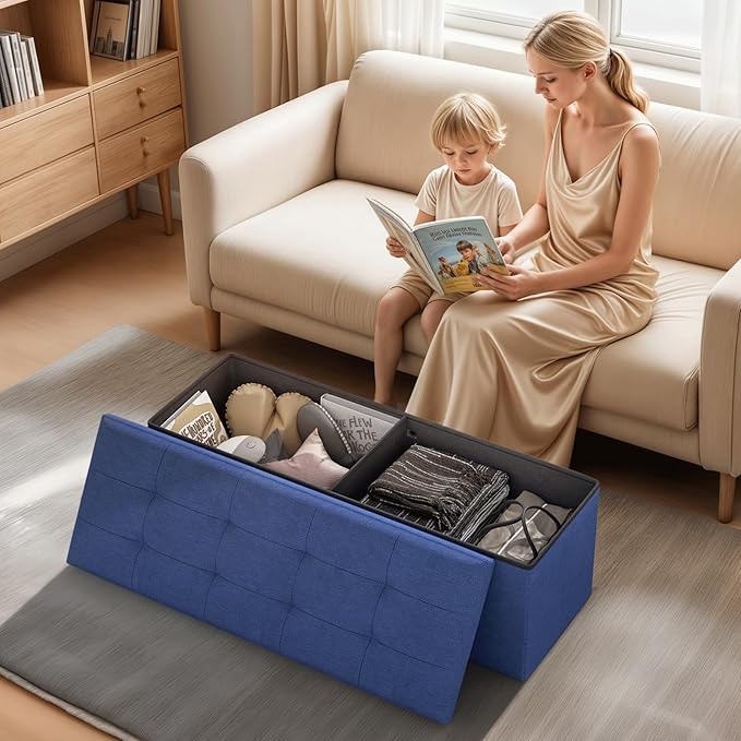 Ottoman Folding Storage Bench, 43x15x15 Inch, Foot Rest Stool for Living Room, Bedroom, Entryway, End of Bed - Multi-Functional Ottoman with Storage Navy Blue