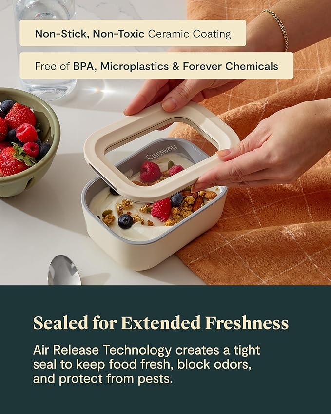 Caraway Mini Rectangle Food Storage Container - 2.6 Cup Glass Storage Container for Food - Non-Toxic Ceramic-Coated Glass - Air Release Technology - Compact & Stackable Design - Perracotta-NeatNest