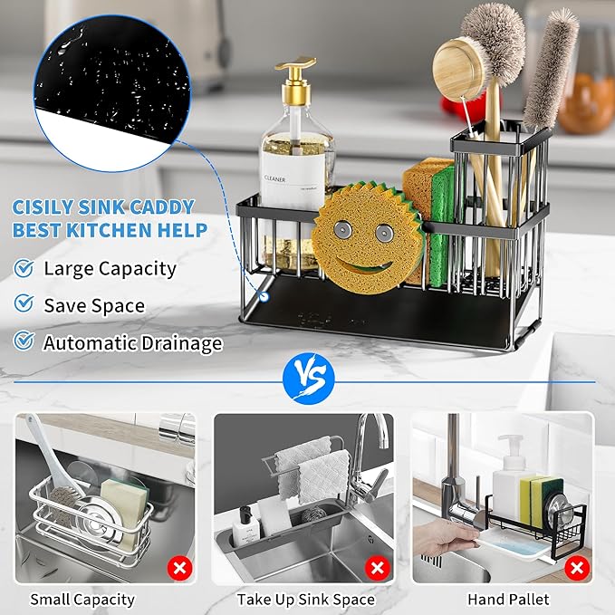 Cisily Sink Caddy With Smiley Face Sponge Holder, 304 Stainless Steel Rustproof(Black)-NeatNest