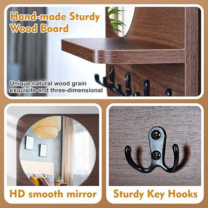 Coat Rack with Shelf Rustic Wooden Wall Mounted Hanging Coat Rack with Mirror Shelves and 4 Double Hooks Decorative Entryway Hook Shelf for Hallway Living Room Bedroom 16"x12" (Brown S)-NeatNest