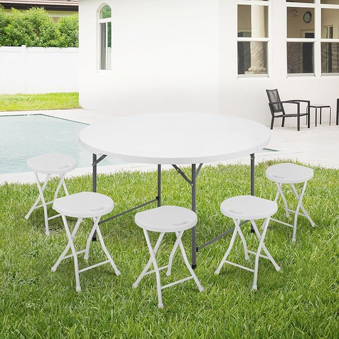 Athena Collection 4ft Plastic Folding Dining Table, Large Foldable Round Card Table Portable with Carry Handle Heavy Duty Fold-in-Half for Indoor Outdoor Party Camping, White-NeatNest