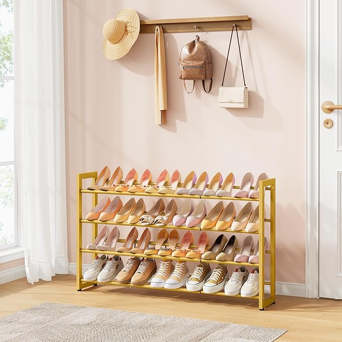 FAVOOSTY 4-Tier Expandable Shoe Rack, Adjustable Shoe Shelf Storage Organizer Space Saving Metal Free Standing Shoe Rack for Entryway Closet Doorway, Gold-NeatNest